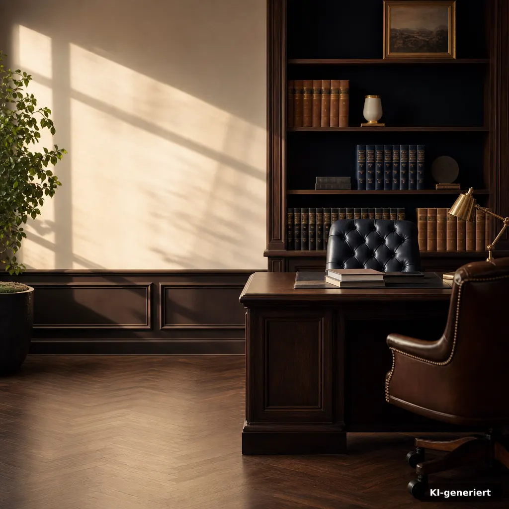 Premium law firm architectural interior photography, late afternoon natural light casting long diagonal shadows, warm co
