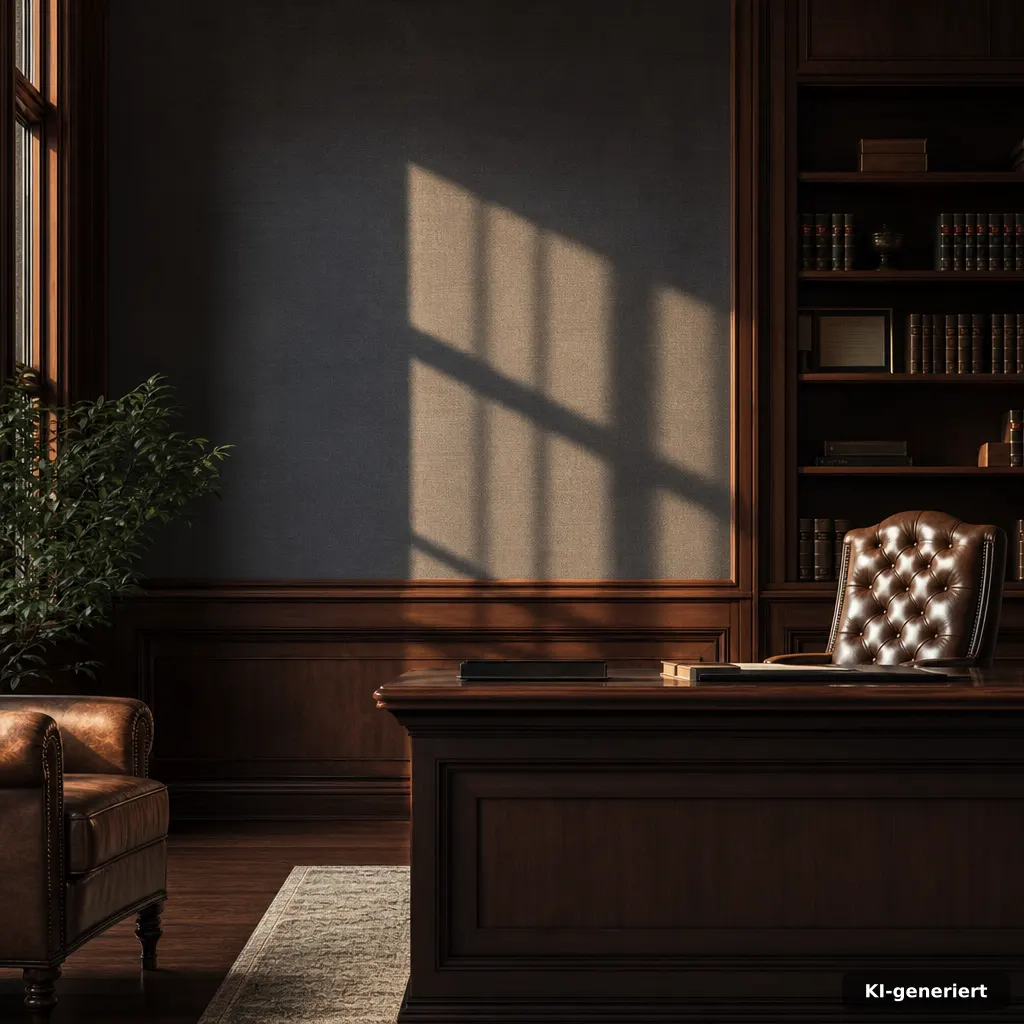 Premium law firm architectural interior photography, warm late afternoon natural light, dark oak and muted navy palette,