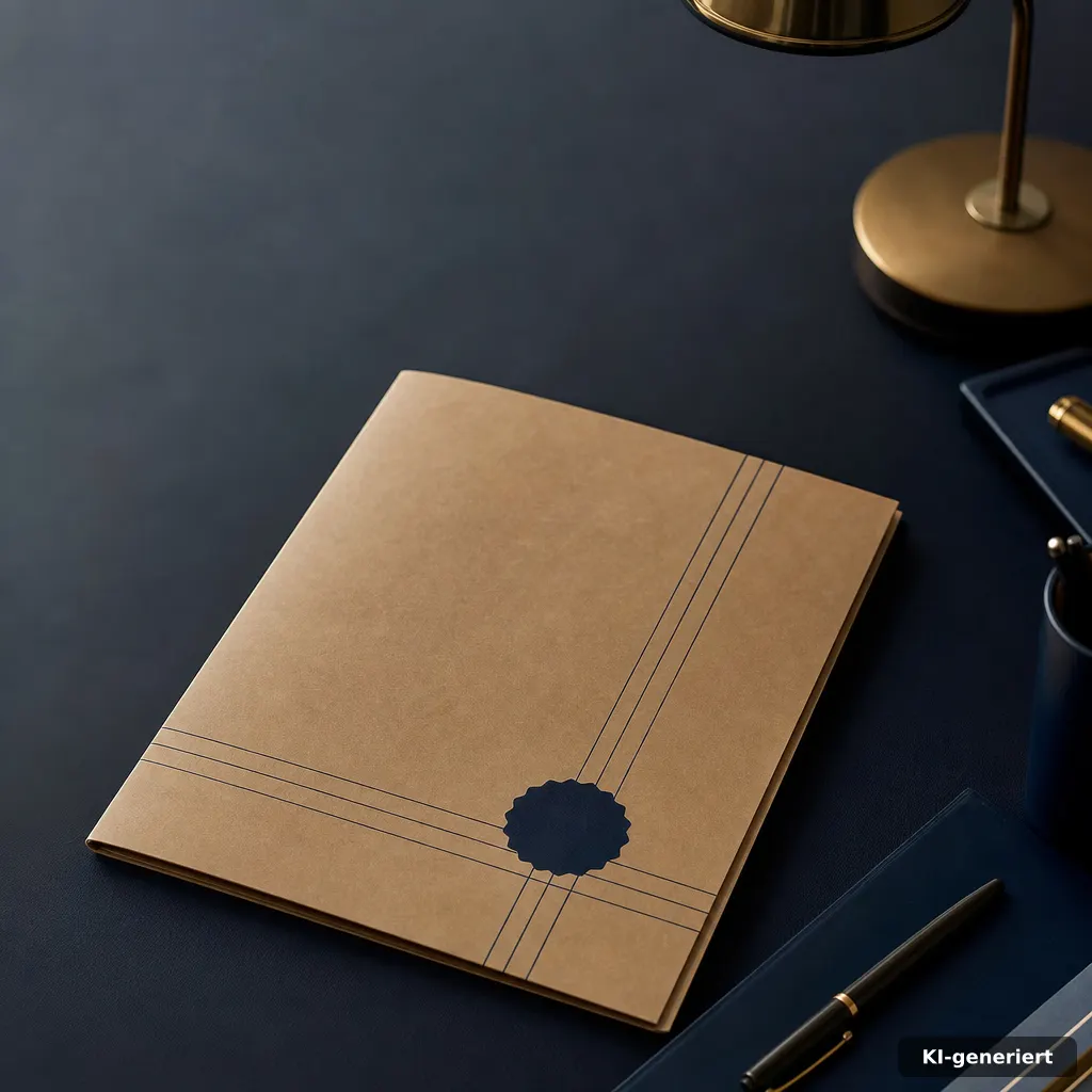 closed paper folder with abstract ruled line grid and a small stamp-like seal shape on the cover, desk lamp soft light,