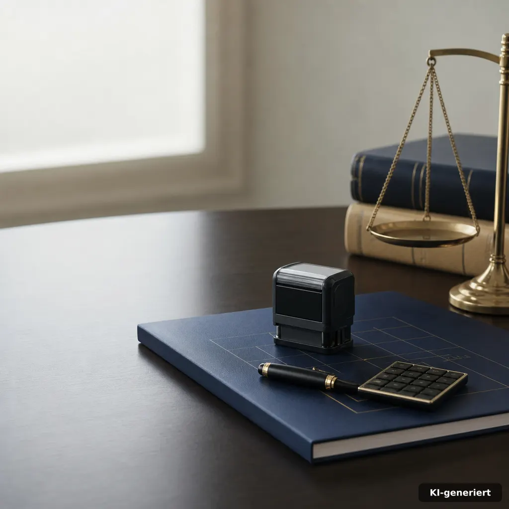lawyer desk scene with a compact stamp, abstract tabular grid on a closed folder, pen resting beside a small calculator-