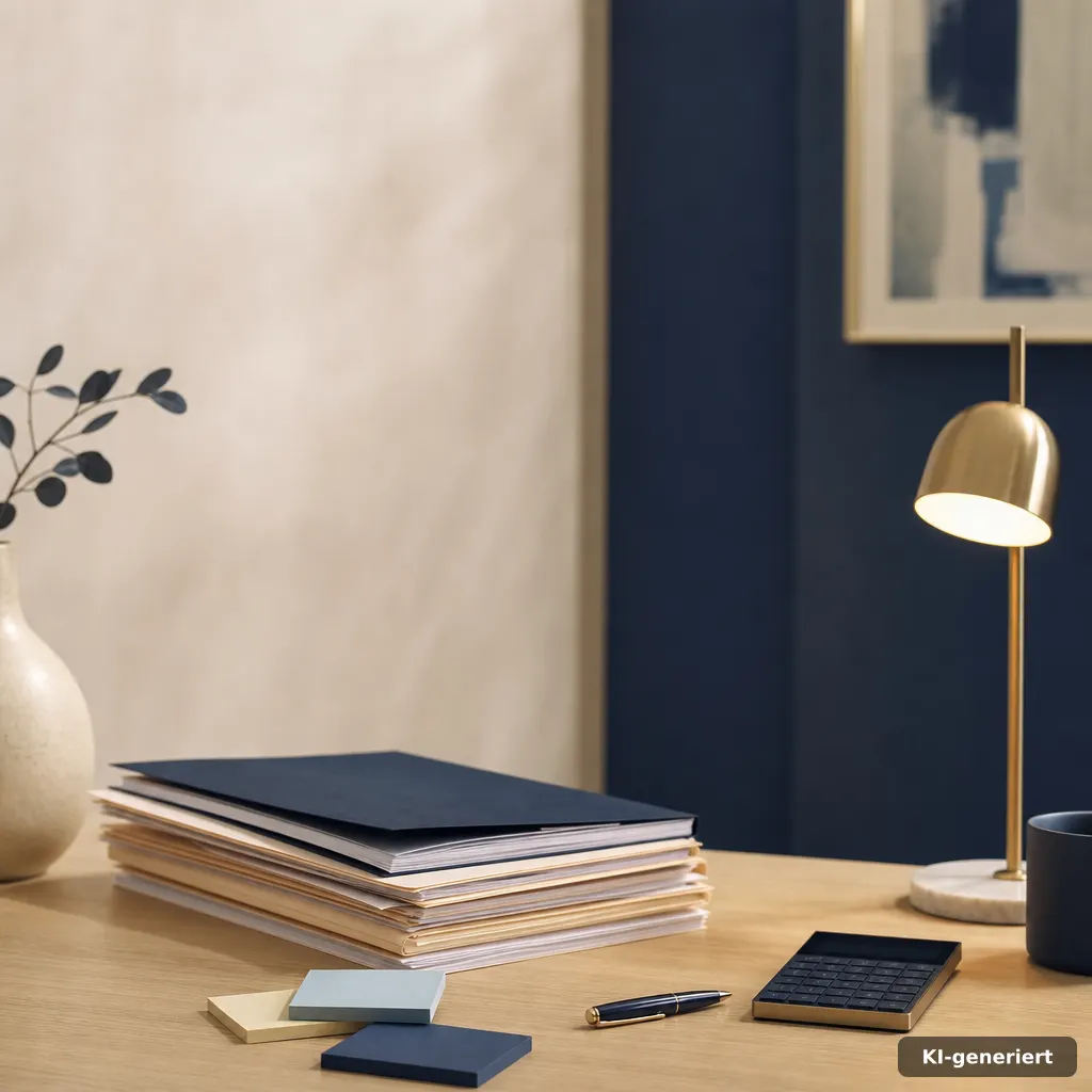 calm consultation corner with a neatly arranged folder stack, sticky notes as abstract shapes, a pen and small calculato