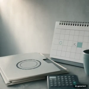 Trennungsunterhalt vs Unterhalt: geteiltes Kalenderblatt mit markiertem Trennungsdatum und Formular-Ordner auf Schreibtisch