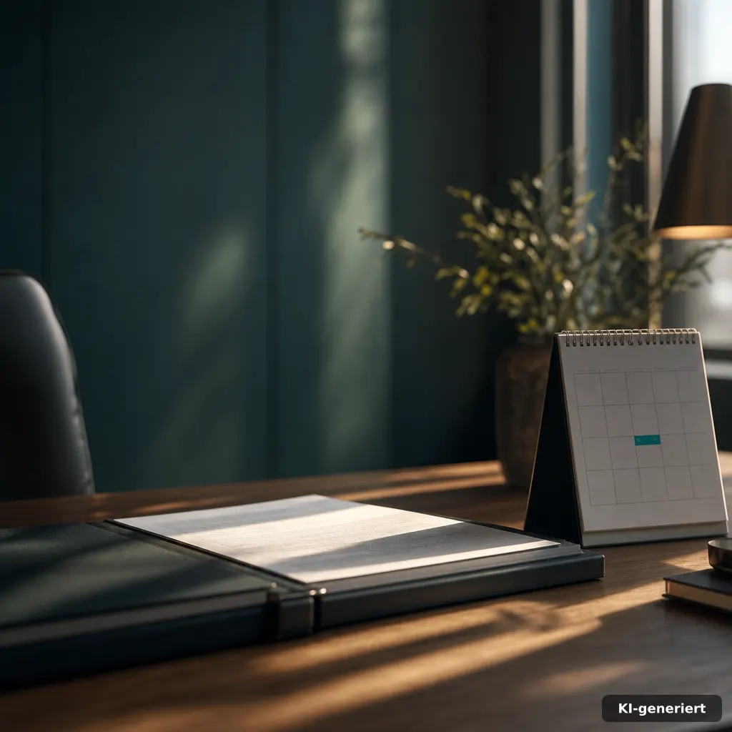Editorial photograph of a desk scene: open document folder, a simple calendar showing a highlighted separation date, abs