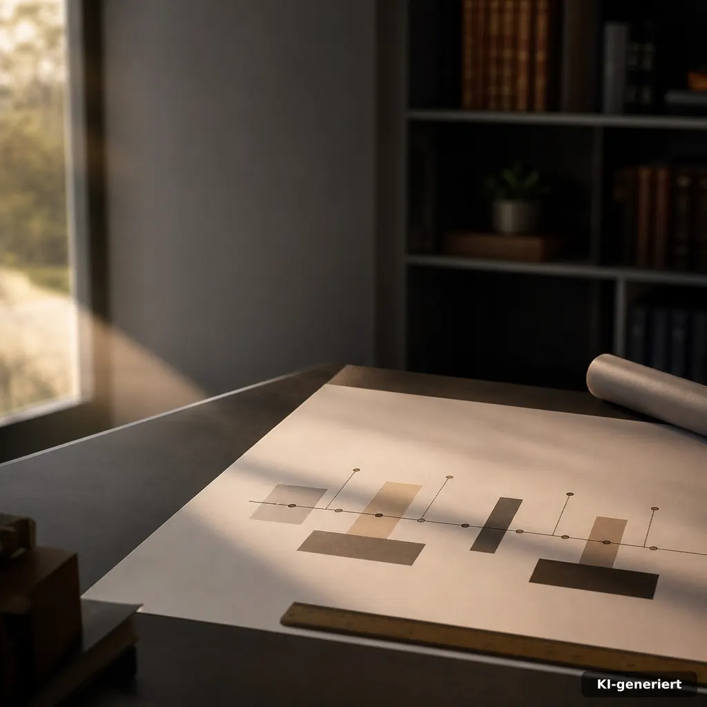 A clean visual metaphor: a paper timeline with abstract blocks representing legal phases, neutral office background, sma