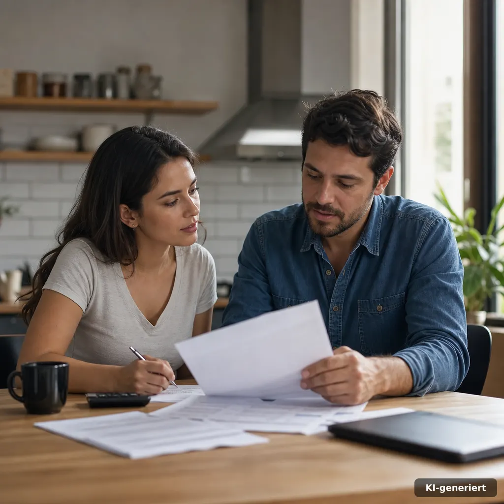 couple sitting at a kitchen table with documents, calm discussion