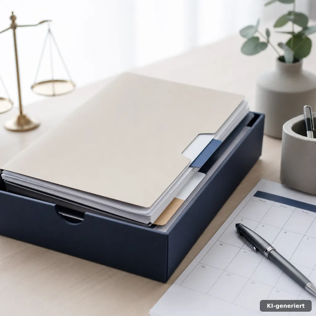 editorial photograph of a neatly arranged document set in a tray, with folders and color-coded tabs, a pen beside a prin