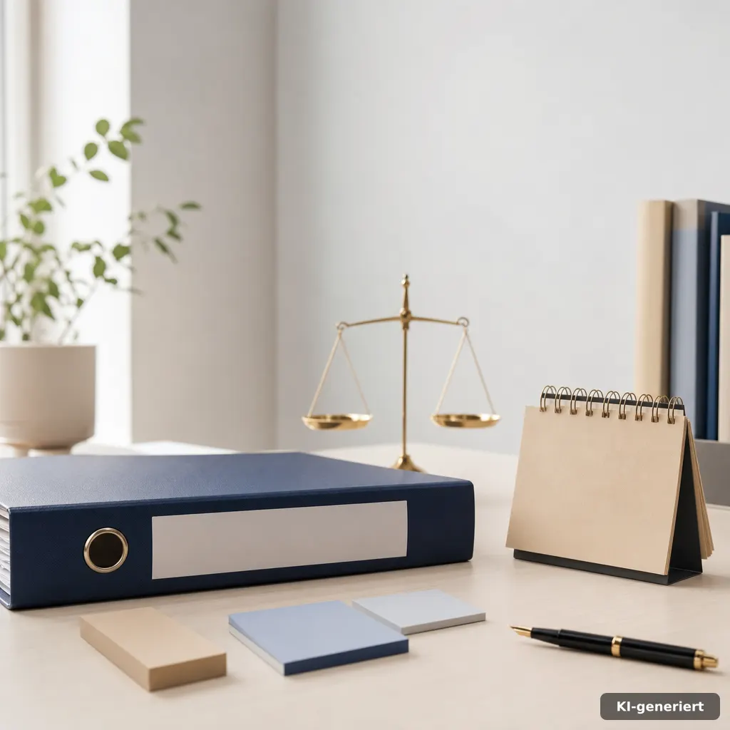 calm editorial photograph of a desk with a legal binder, sticky notes with blank shapes (no text), a fountain pen, and a