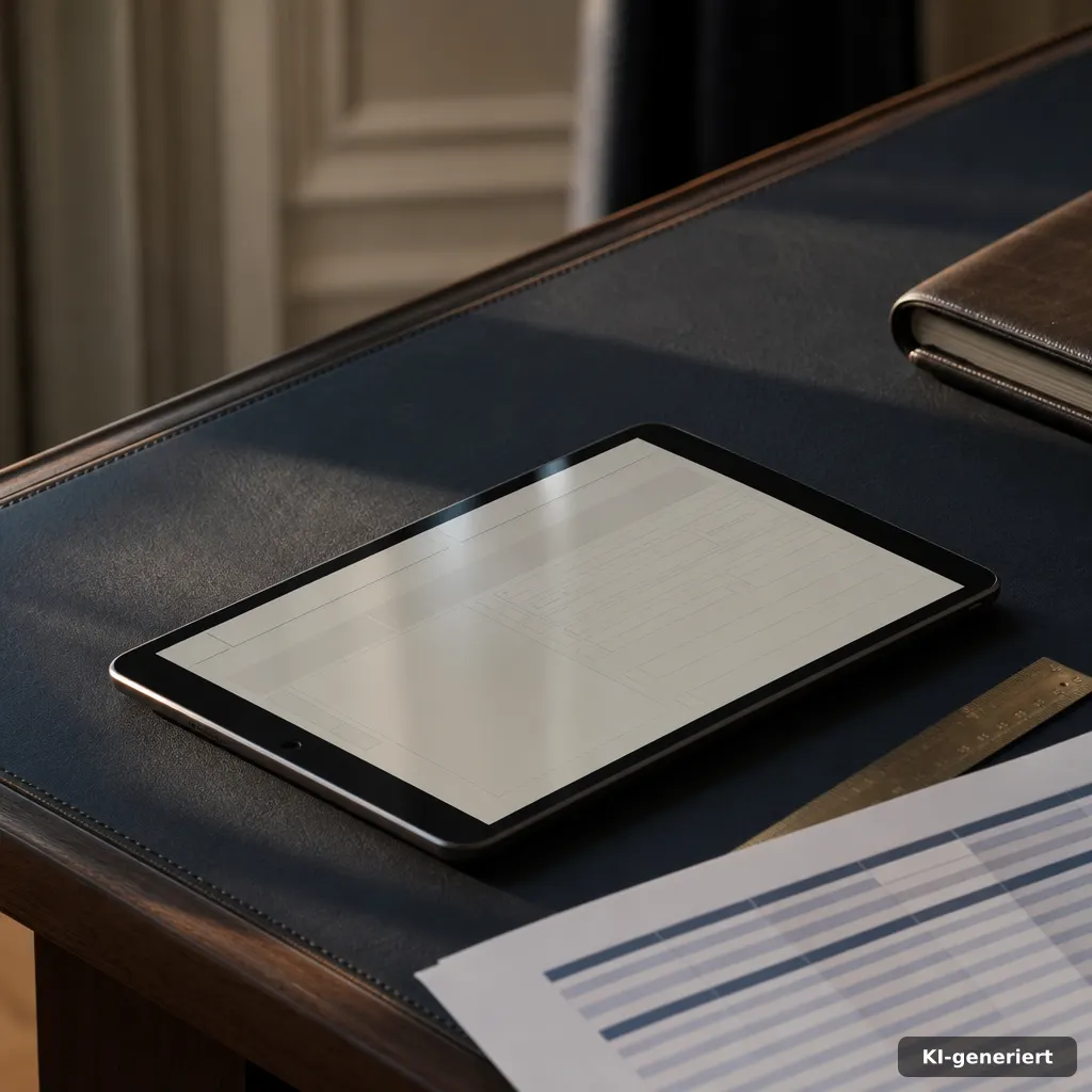 editorial close-up eines Tablet-Bildschirms mit leerem Formularlayout (ohne lesbare Schrift), daneben ein Lineal und ein