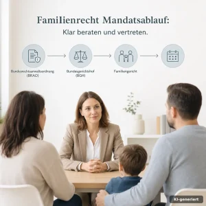 Familienrecht Mandatsablauf mit geordneten Unterlagen, Vollmacht und Beratungstisch in ruhiger Kanzleiatmosphäre