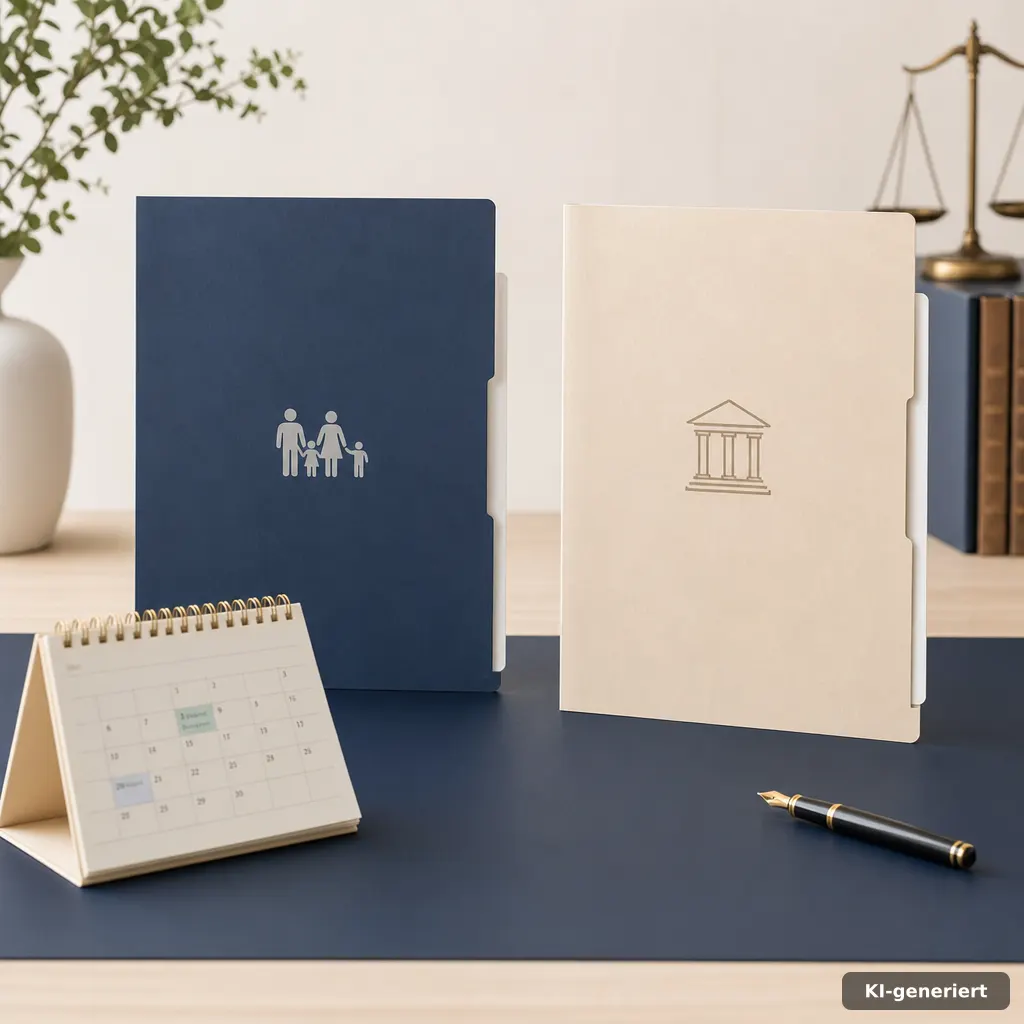 Zwei getrennte Aktenordner und ein Kalender als Symbol für die Unterhaltsphasen