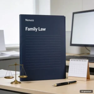 Mandatsablauf im Familienrecht: ruhiger Beratungstisch mit Akte, Kalender, Stift und Waage in Neuss
