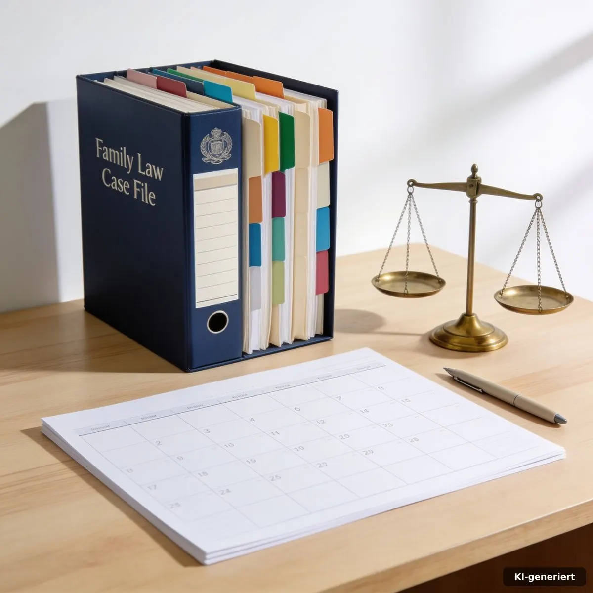 Geordnete Akte mit Trennblättern, Kalender und Waage